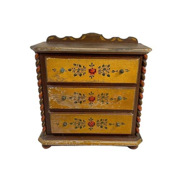 Vintage Reuge Swiss Musical Movement Wood Music Jewelry Box Three Drawers READ